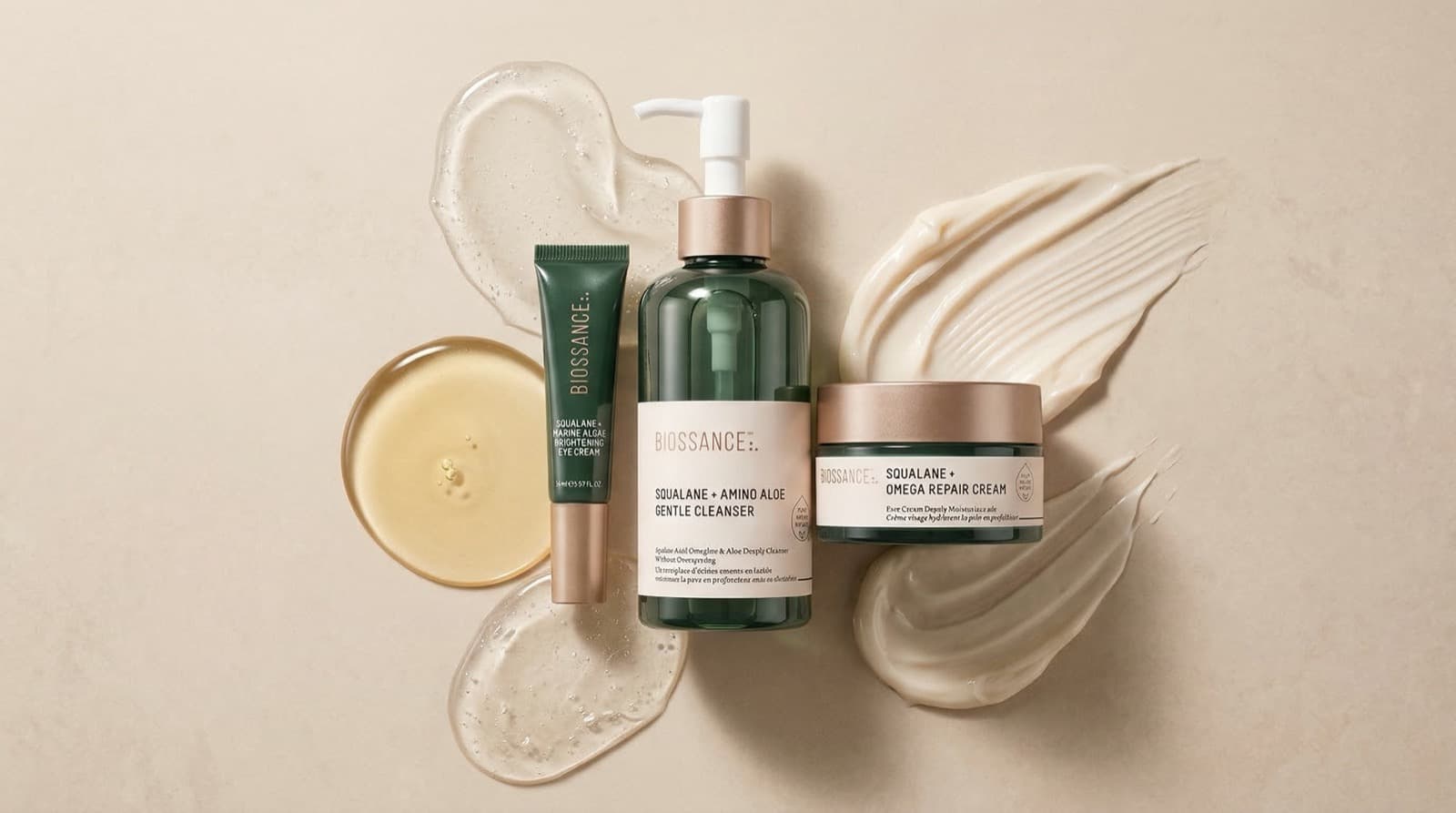 Biossance skincare flat lay — AI product photography