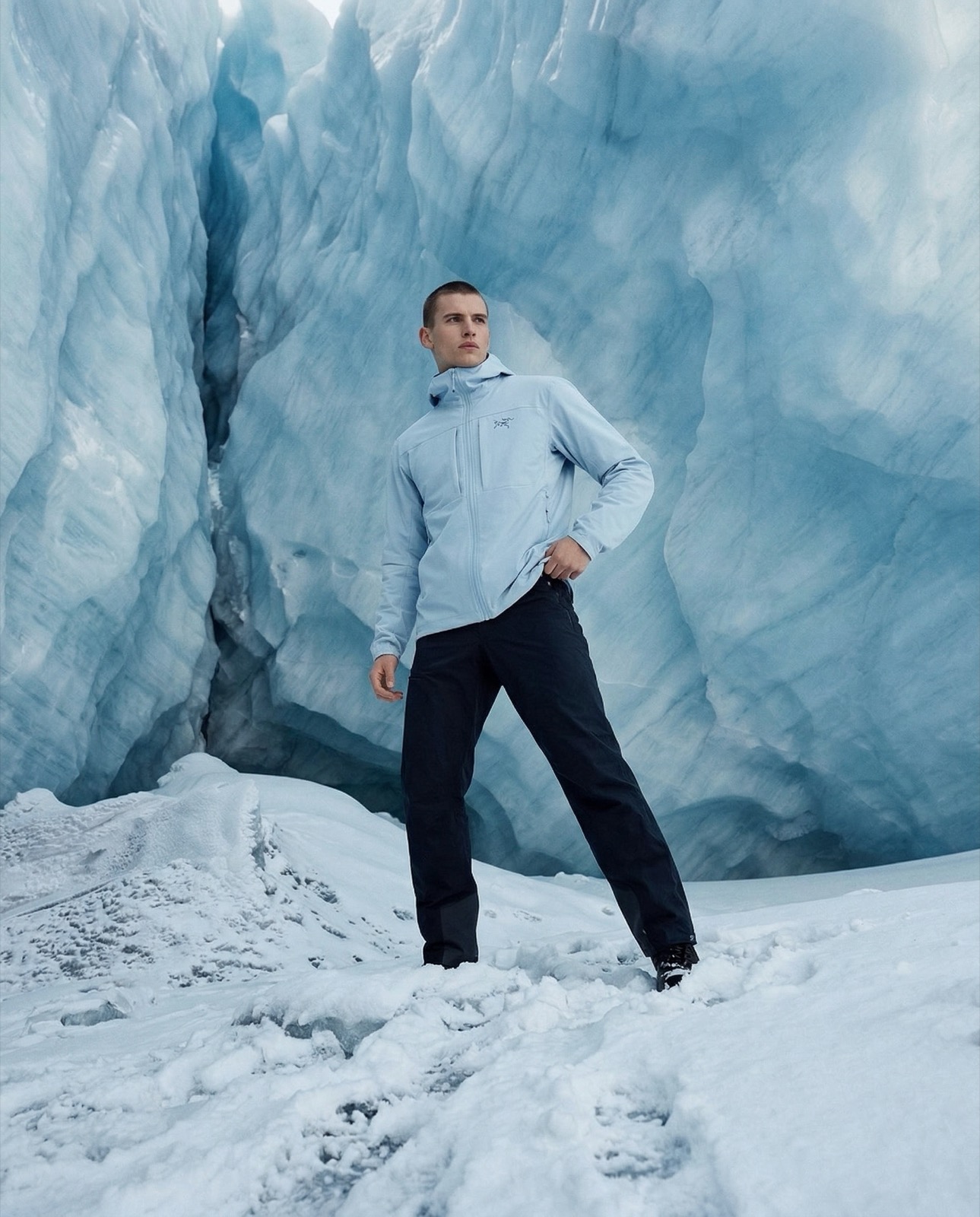 AI fashion editorial for Arc'teryx glacier campaign